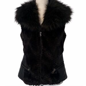GUESS Faux Fur Mob Wife Vest Black Faux Leather Quiet Luxury Moto Glam Goth M